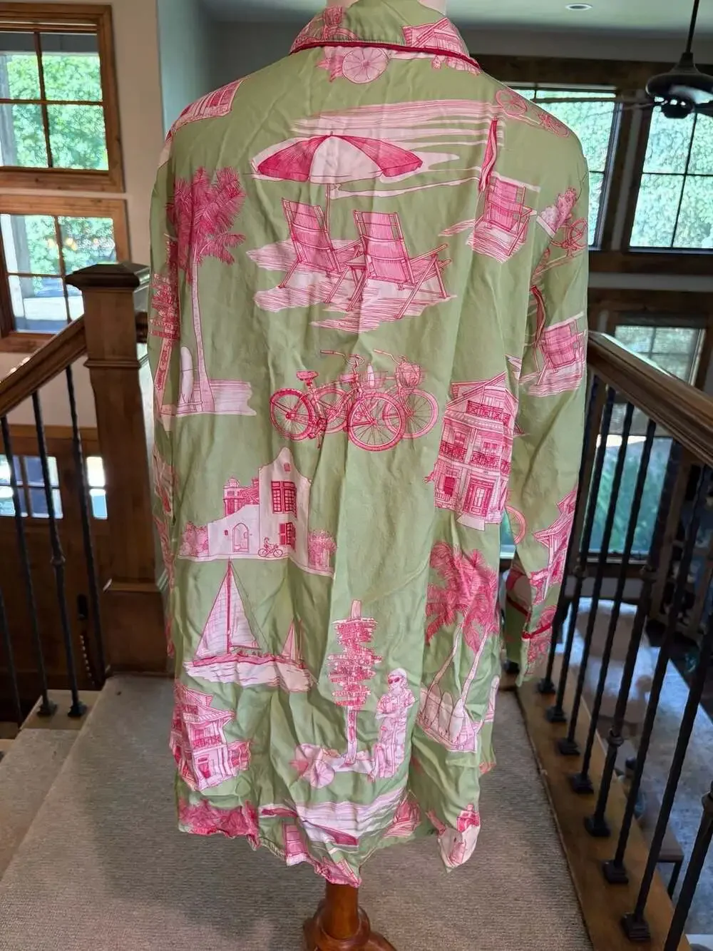 Katie Kime Florida Toile Button Down Sleep Shirt in Green and Pink M